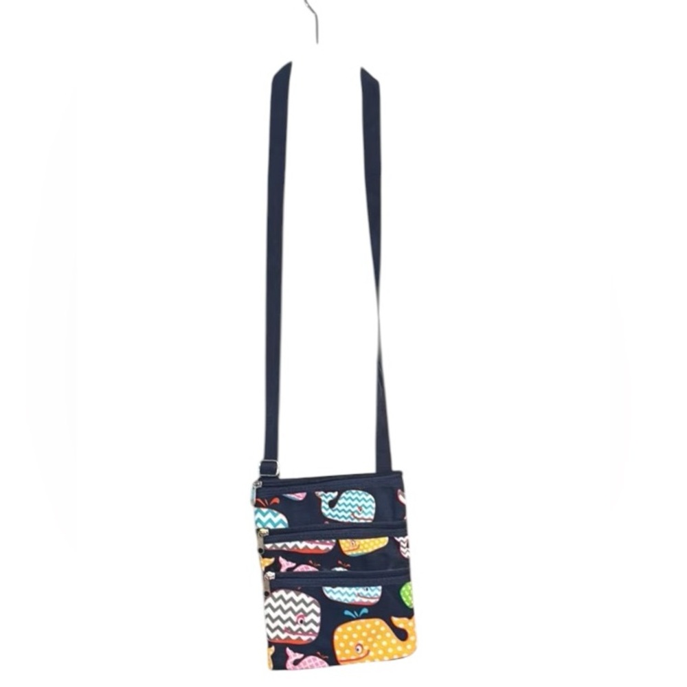 NGil Crossbody Navy Blue & yellow whale/whales 3 Zipper Bag NWOT